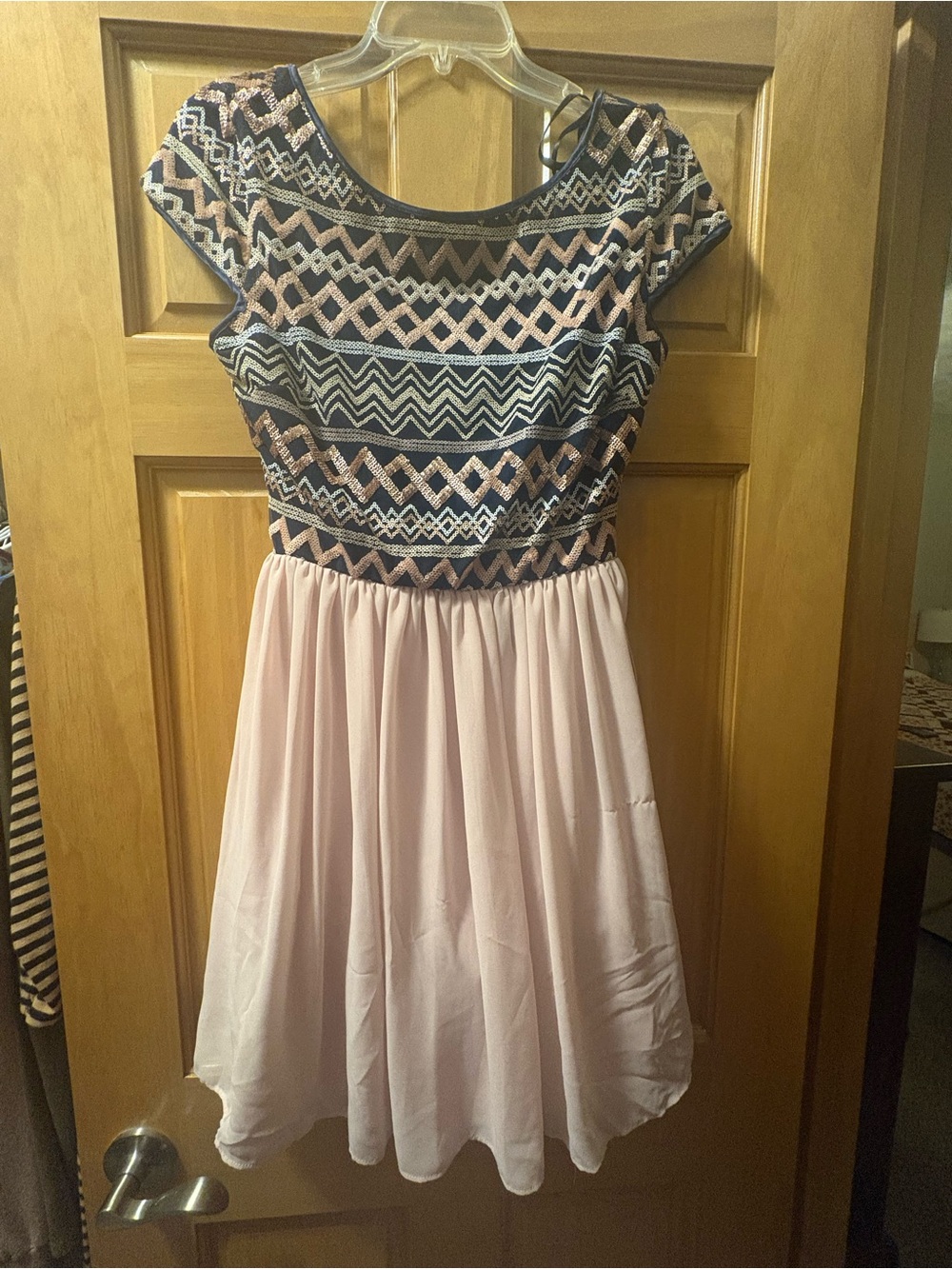 B Darlin Navy and Light Pink Aztec Bodice Chiffon Skater Dress